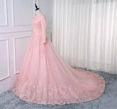 Real Pictures Arabic Vintage Muslim Wedding Dress O Neck Pink Long Sleeve Lace Robe De Mariage elegant woman trouwjurk